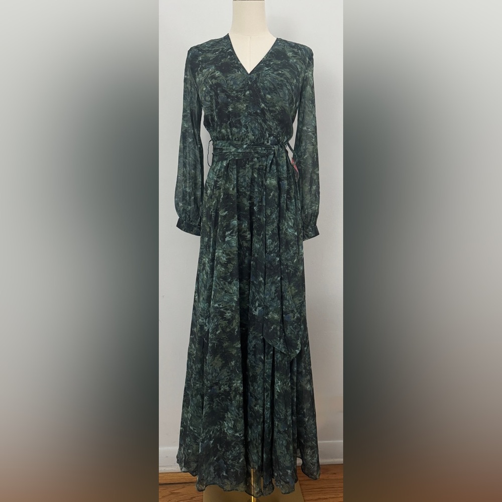 Ivy City Laney Green Watercolor Tiered Bishop Sleeve Maxi Sundress Size XXS - Picture 2 of 16